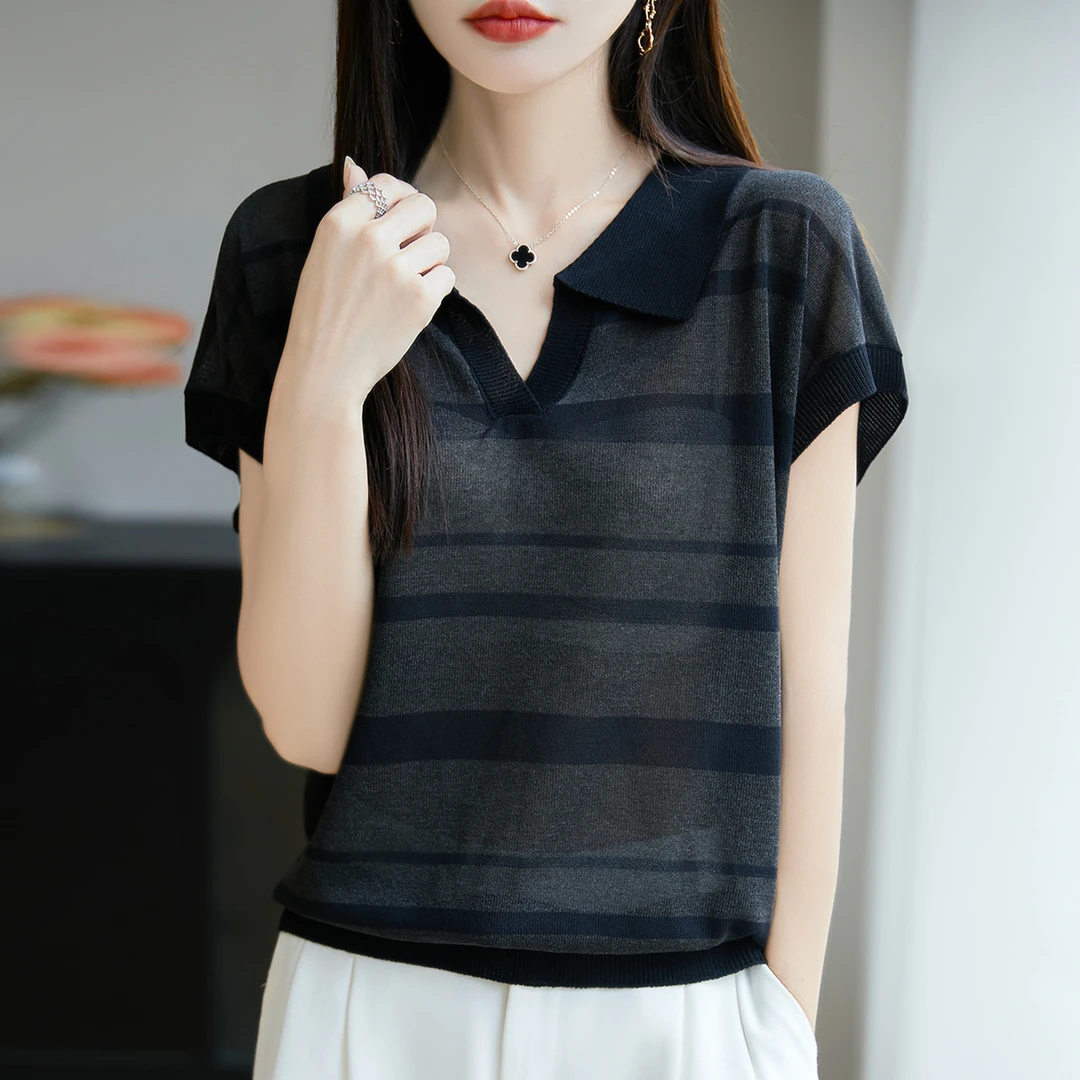 大码女装夏装胖mm冰丝针织衫女士短袖t恤遮肚子巨显瘦polo领上衣