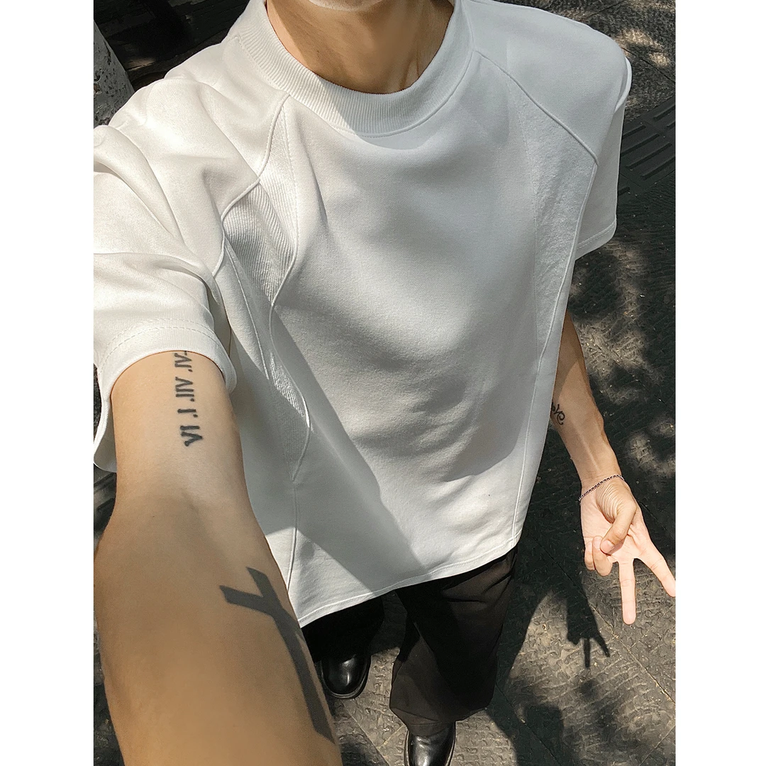 夏季纯色正肩短袖男士微宽松复古小领螺旋纹拼接T恤青年休闲体恤