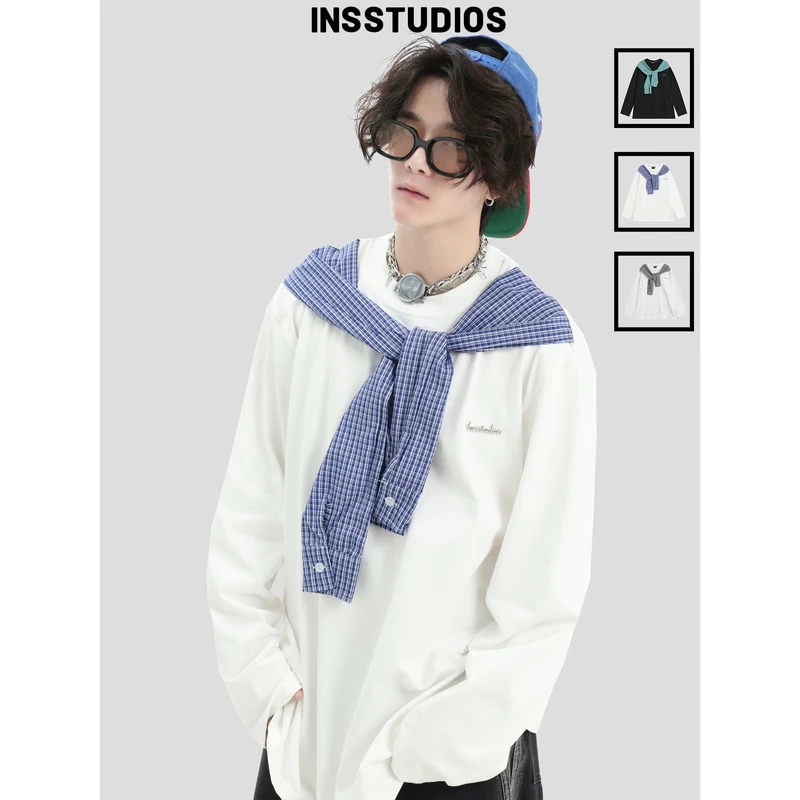 INSstudios 国潮美式「拼接打结格子」假两件长袖宽松休闲纯棉T恤