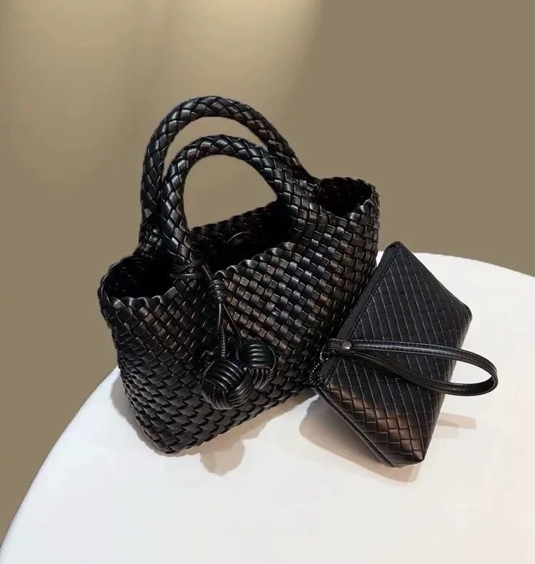新款小众黑色编织手提斜挎包