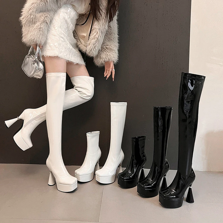 13cm超模高跟过膝靴女秋冬新款小个子增高显瘦漆皮长靴弹力瘦瘦靴