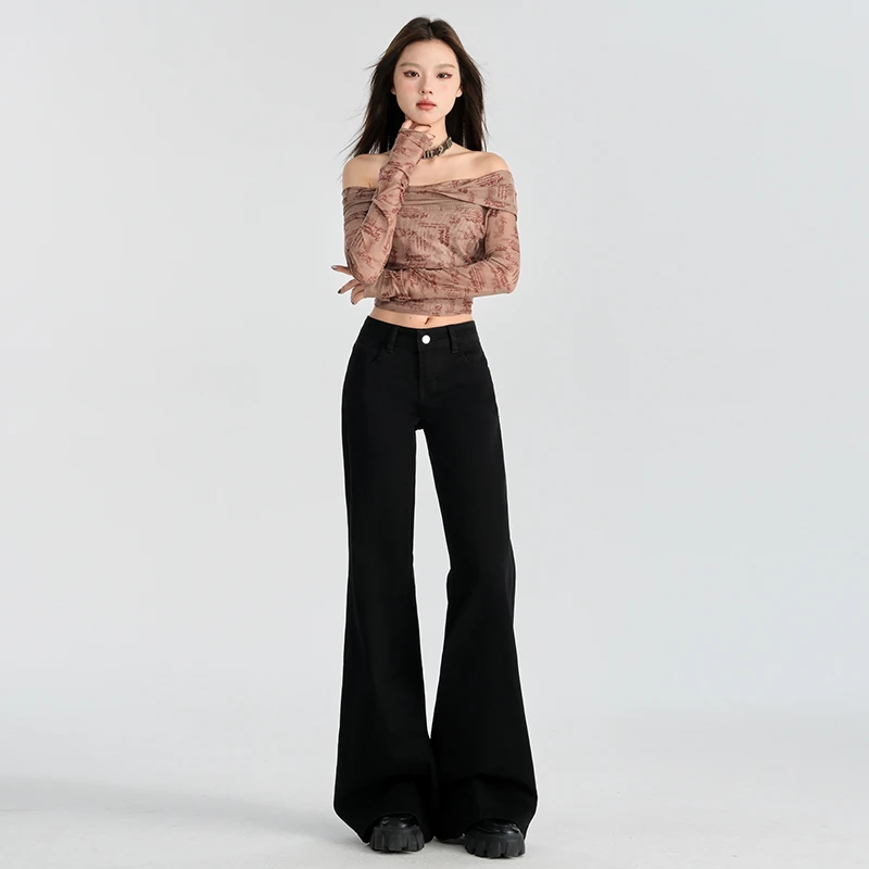 有米黑牛同款低腰微喇叭牛仔裤女2025夏季显瘦辣妹阔腿拖地长裤子