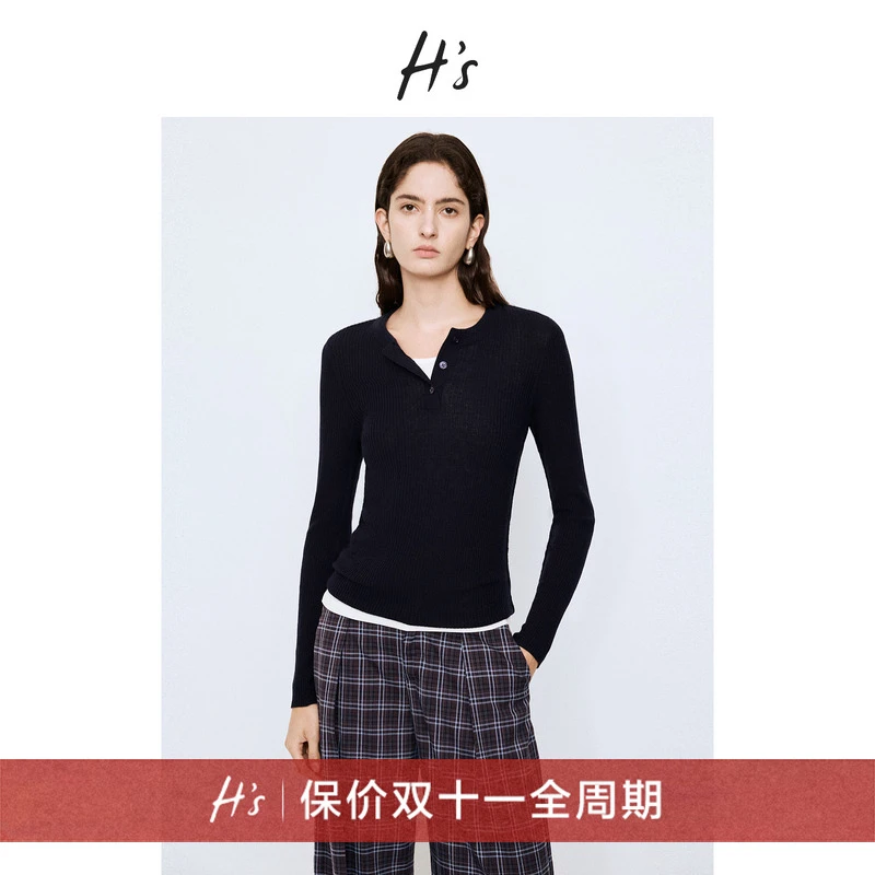 【秋上新】H'S双色圆领针织衫女25秋新款半开门襟修身显瘦毛衣上衣