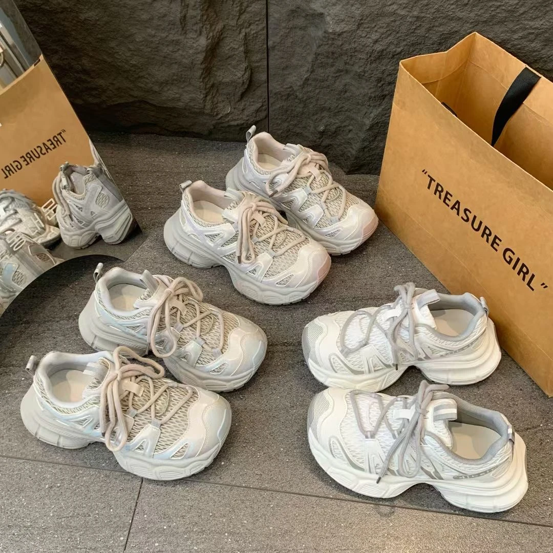 爆款时尚轻便2025夏季厚底休闲运动鞋欧货真皮网面老爹鞋女222-8