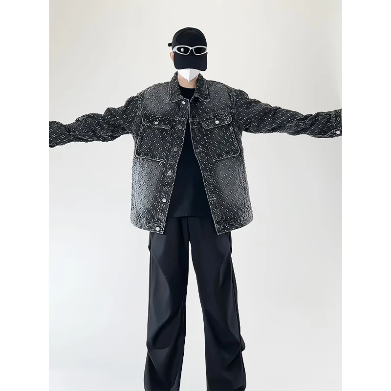 美式提花做旧牛仔外套男春秋潮牌青少年翻领夹克设计感复古棒球服