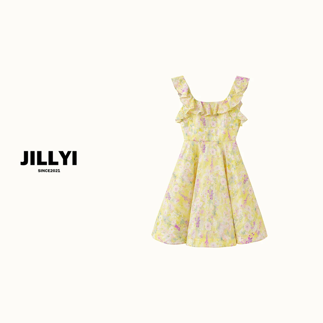 jillyi【金色洛可可】淡黄色仙女气质吊带连衣裙碎花收腰时尚