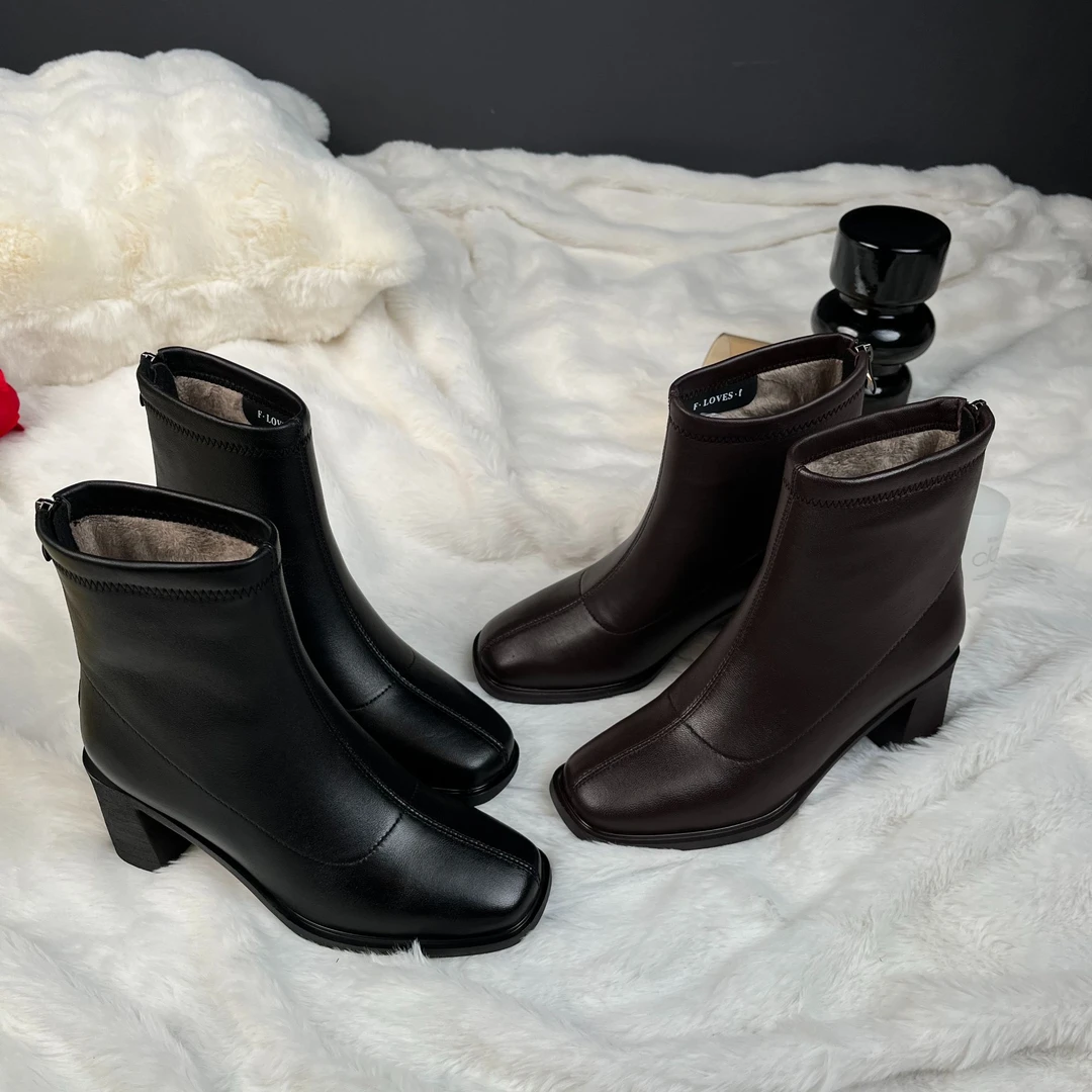 635-1/羊皮/6cm/秋冬时尚舒适百搭通勤粗跟高跟真皮女鞋短靴