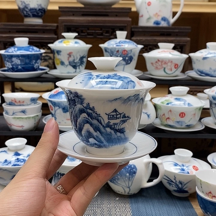 手绘山水160盖碗釉下彩高温微瑕福利