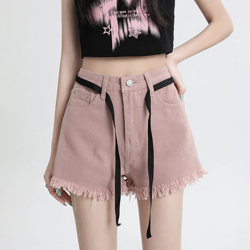 ***#系带扎染流苏短裤腰复古辣妹休闲牛仔裤女
