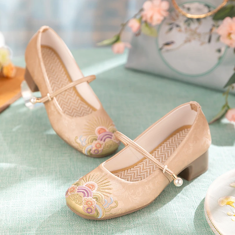 复古旗袍鞋浅口方头粗跟时尚百搭单鞋配裙子一字扣国风新中式鞋子