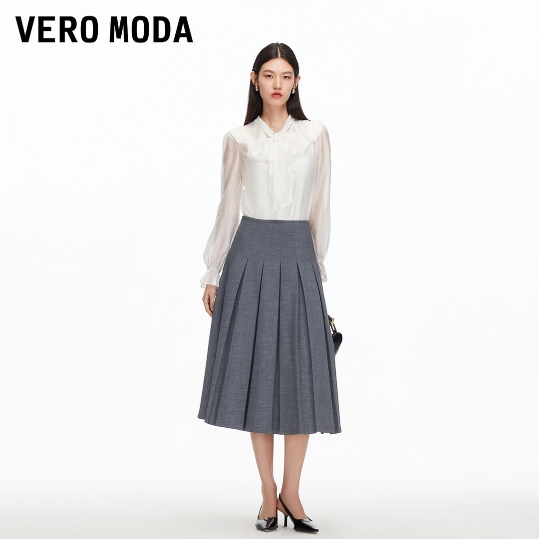 Vero Moda半身裙2025秋季新款纯色A字中长百褶裙百搭老钱风小众
