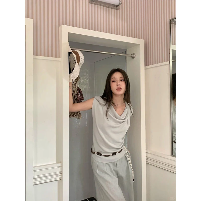 韩版气质通勤不规则荡领t恤女夏季新款设计感洋气高腰显瘦休闲裤