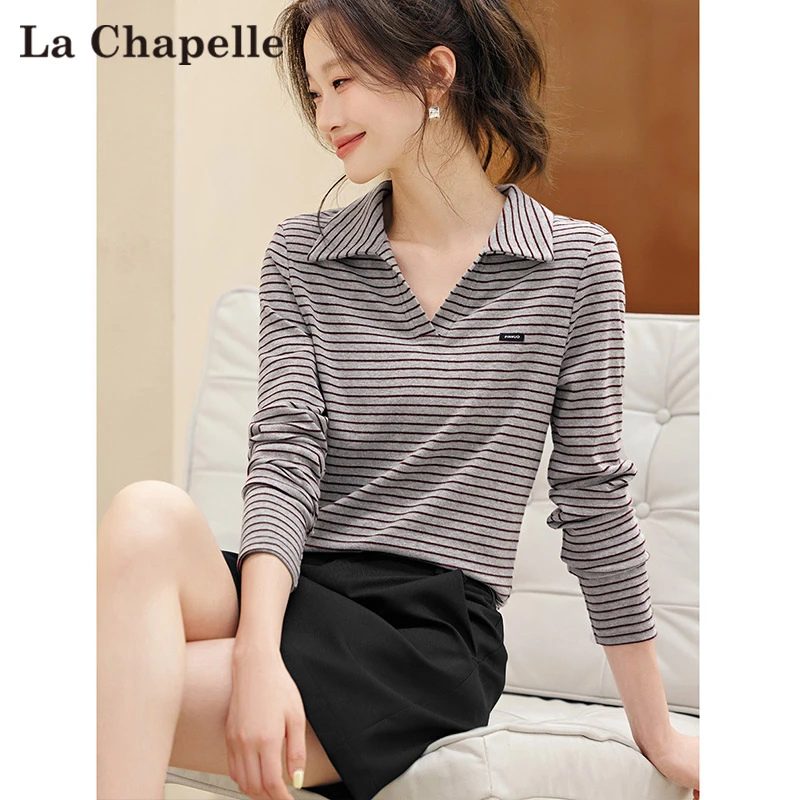 拉夏贝尔条纹长袖T恤女2025秋季撞色翻领显瘦百搭休闲打底上衣