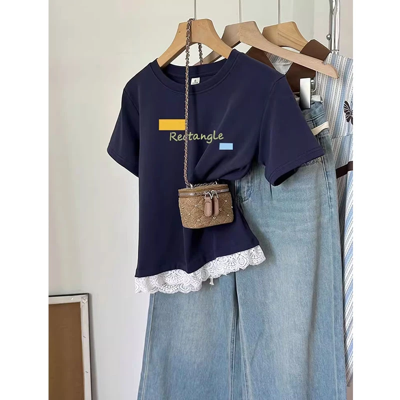 2025夏季新款正肩圆领短袖t恤女花边精致小众设计感时尚洋气上衣