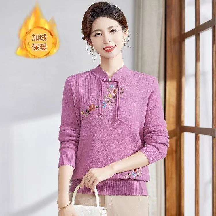 MS[丽姐优选]新款刺绣盘扣毛衣