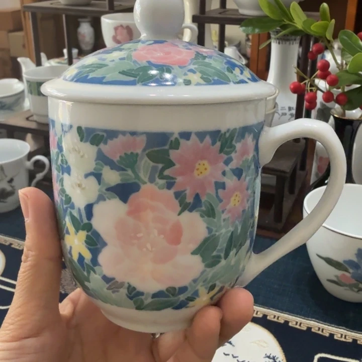 醴陵满花盖杯底嗑瑕疵茶杯