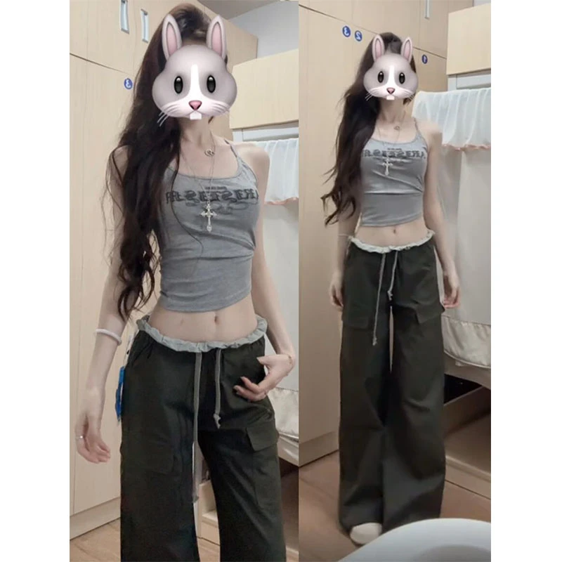 美式辣妹字母印花吊带背心女夏季新款短款修身显瘦小众凉爽上衣潮