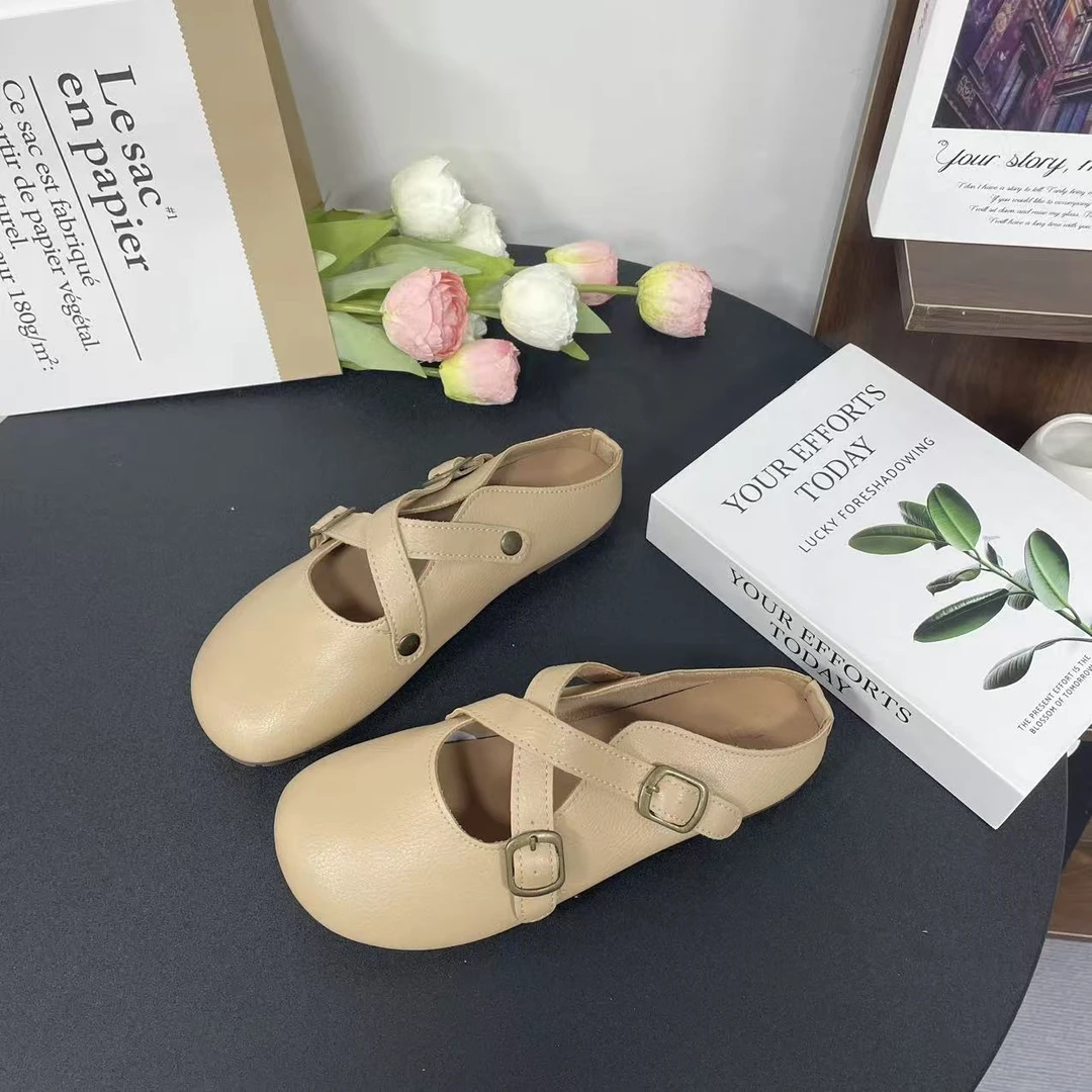 F-7包头半拖鞋女2025年新款法式简约百搭复古配裙一脚蹬穆勒鞋