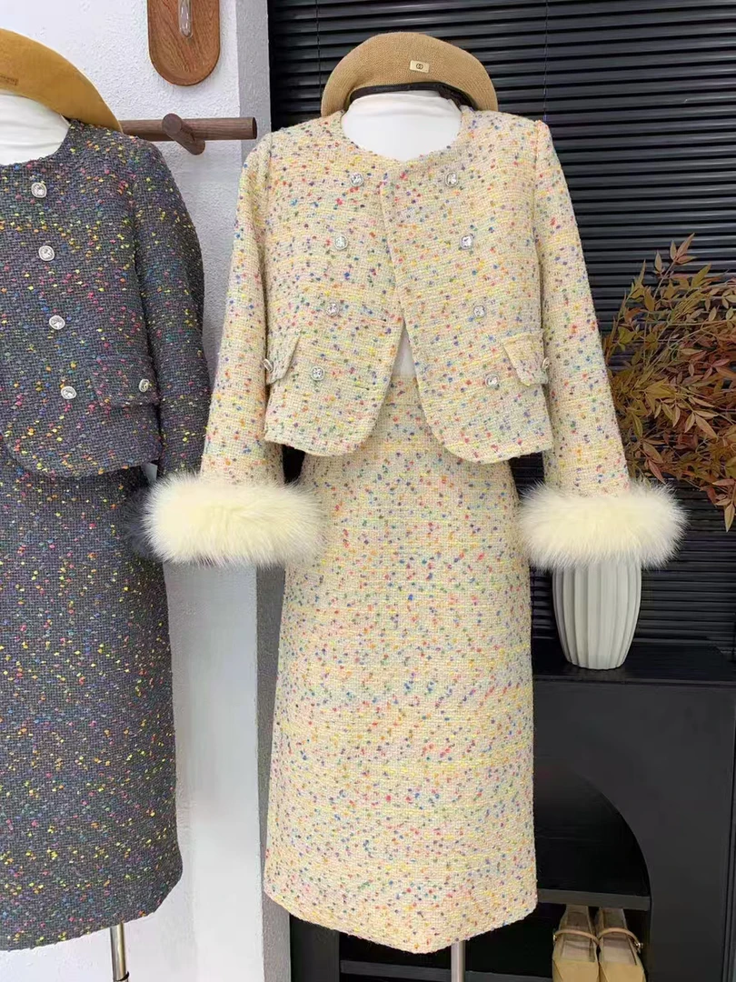 秋冬大码新款5117高级感气质百搭粗花小香风两件套套装女