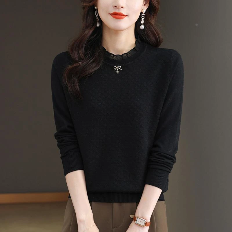 蕾丝黑色打底衫女士长袖秋冬季2025新款秋冬针织上衣内搭薄款毛衣
