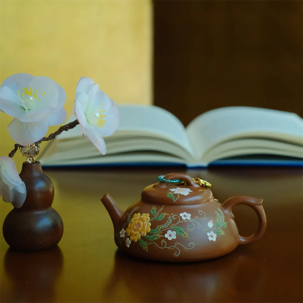 大乔美学【向阳而生】红皮龙·石瓢·130cc·内推球孔手绘太阳花紫砂壶