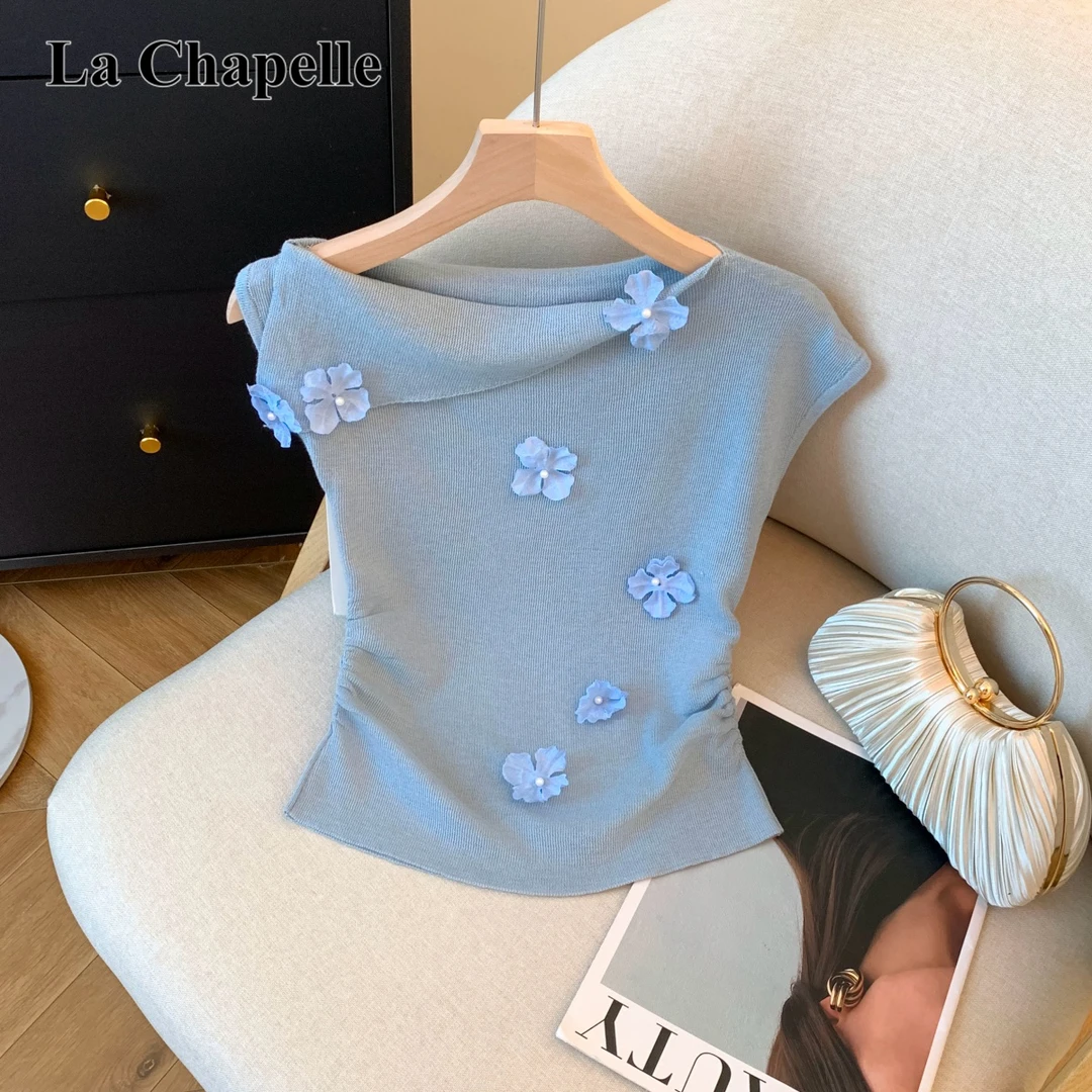 拉夏贝尔纯欲甜辣妹斜肩时尚针织衫女装夏季小众修身显瘦短袖上衣