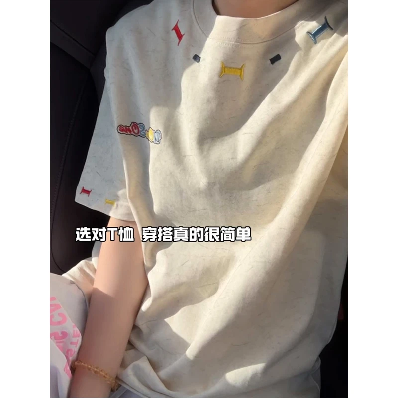 重磅砂洗彩绣男款短袖夏季潮流设计感国潮美式小领口五分袖T恤