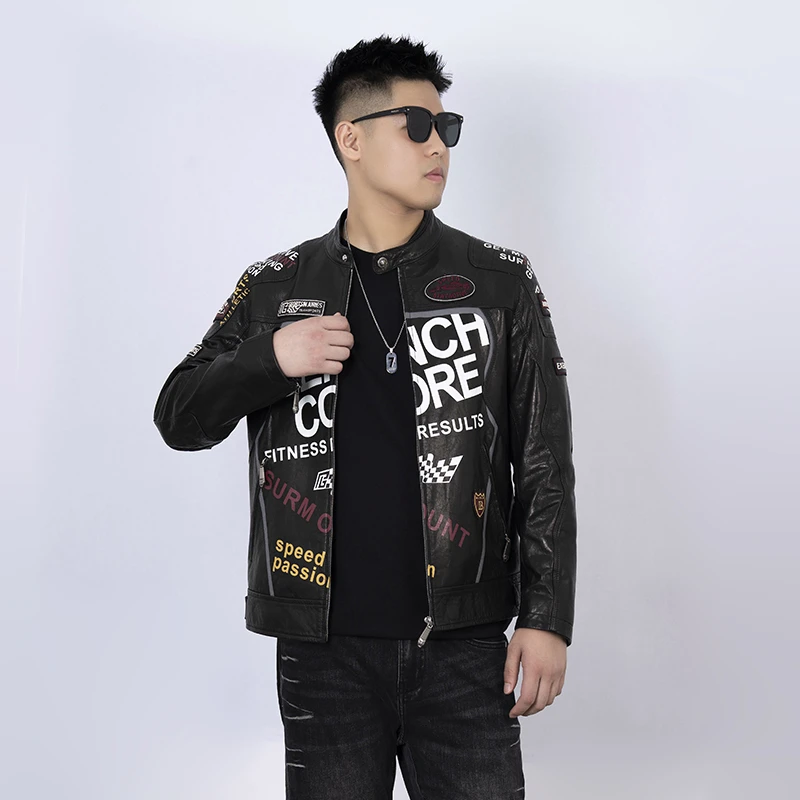2025潮牌春秋韩版男女款立领绣花印花重工植鞣山羊皮机车皮衣夹克