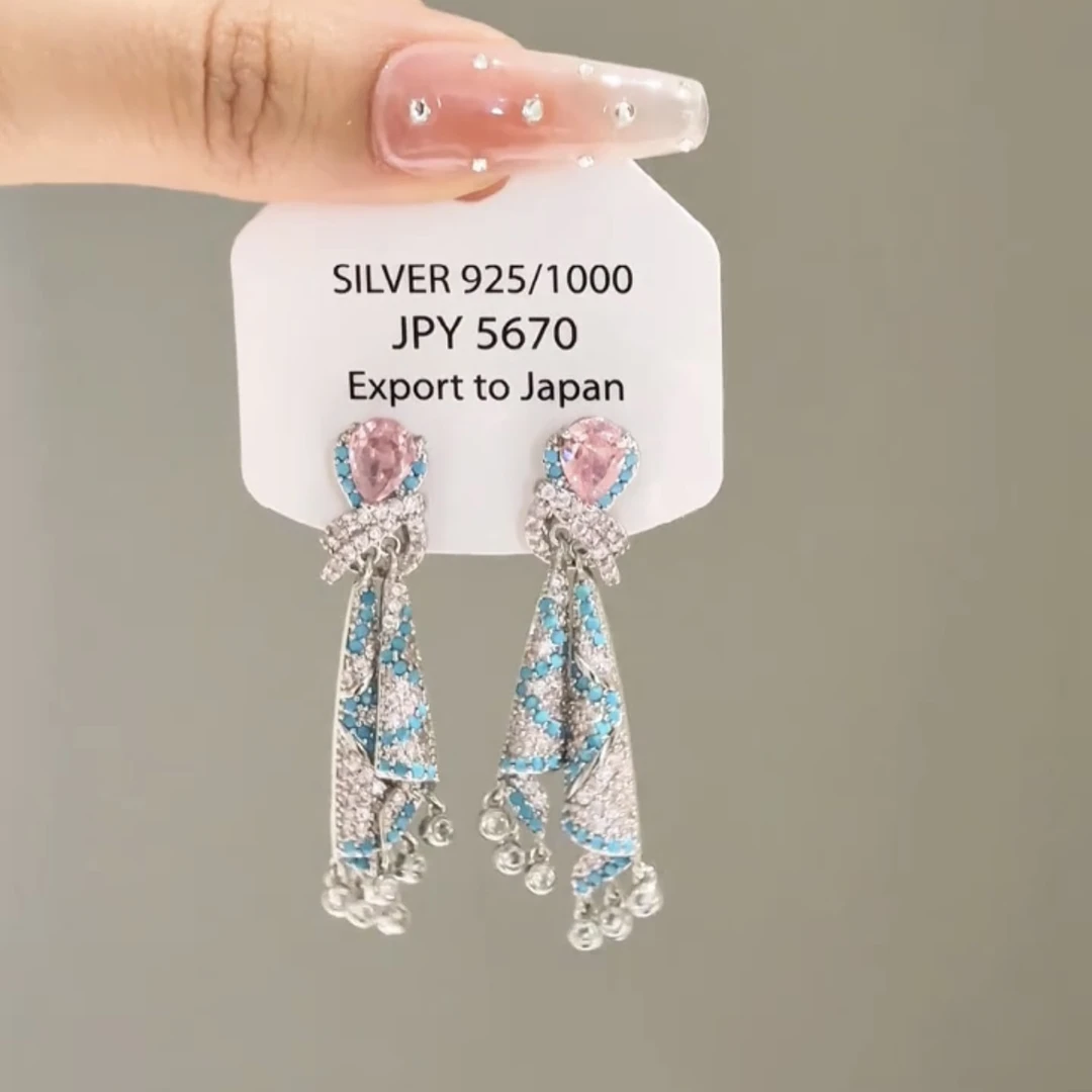 足银羽毛耳饰 S925银满钻彩色丝绸耳环轻奢小众高级感耳钉民族风