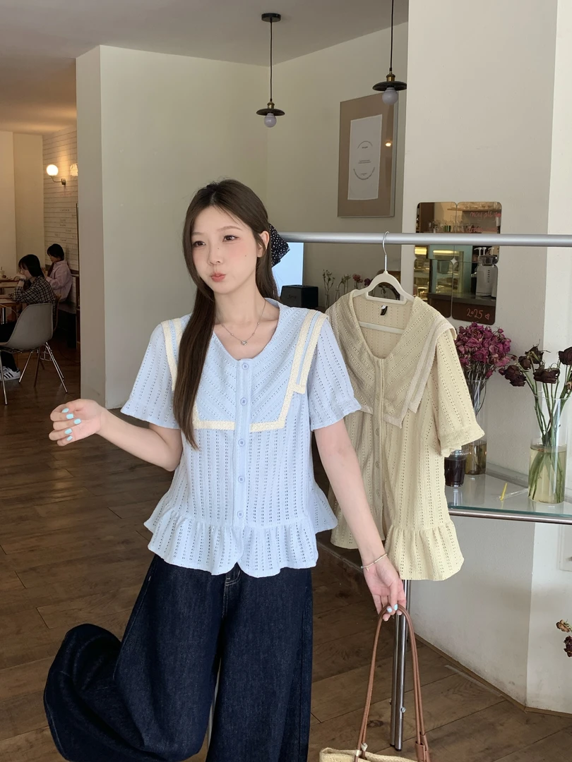 2025夏新胖mm大码法式甜美娃娃领短袖衬衫荷叶边下摆财阀千金女装