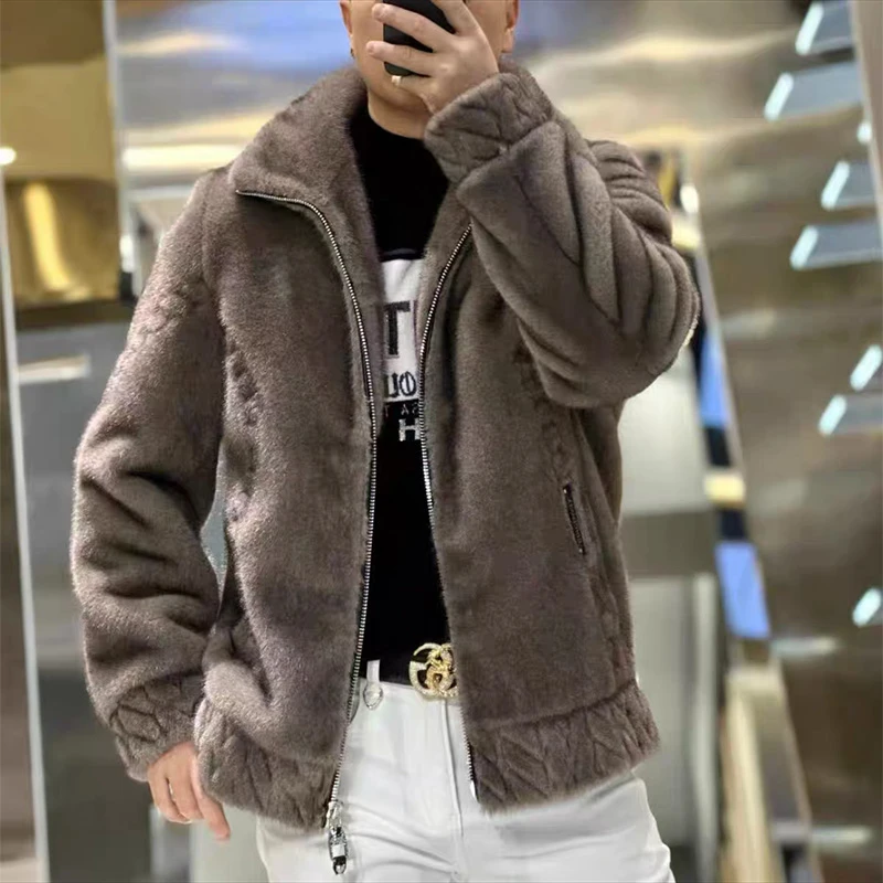2024冬季时尚百搭轻奢立领保暖貂绒大衣男士休闲个性上衣HR