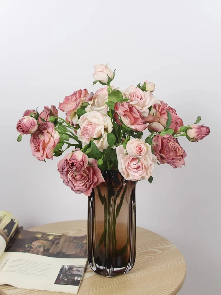 高级感焦边玫瑰仿真花轻奢假花客厅餐桌茶几装饰花仿干花短枝绢花