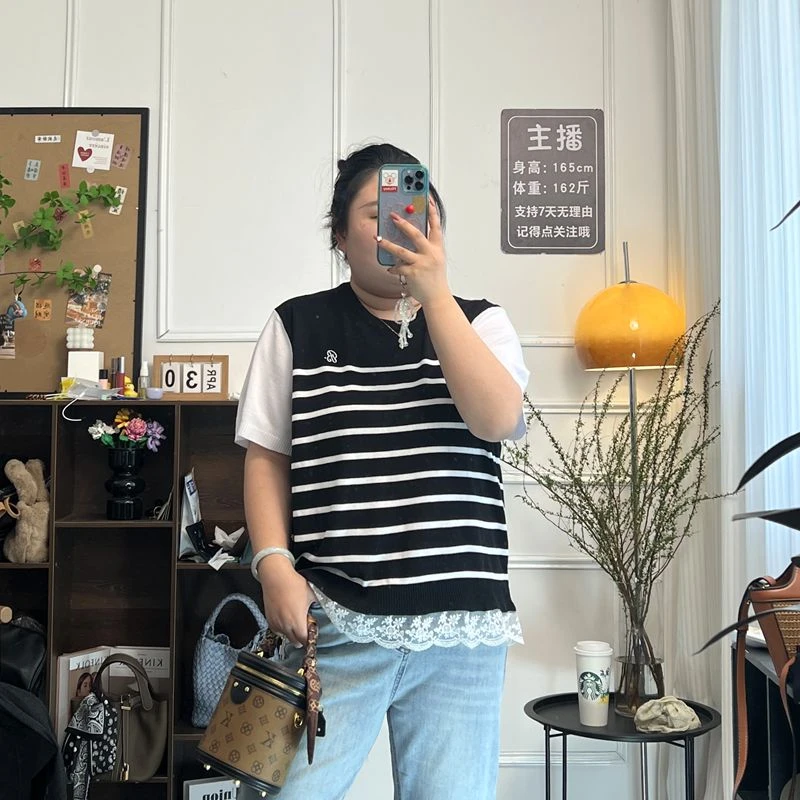 YZJ【夏日微风】胖妹妹针织条纹撞色高弹力宽松显瘦短袖蕾丝T恤上衣