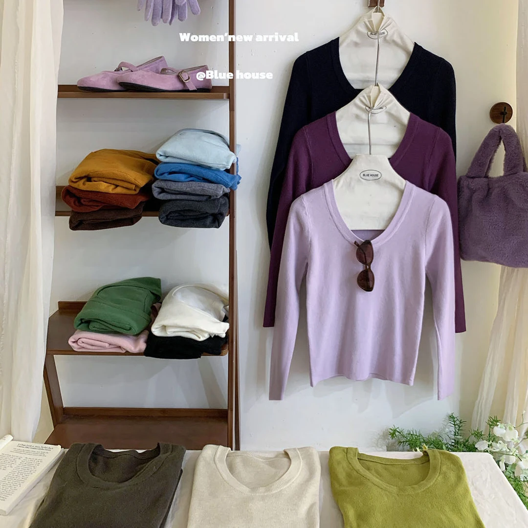 百搭王鹅蛋领U领长袖净版针织衫女秋冬简约修身显瘦外穿打底上衣