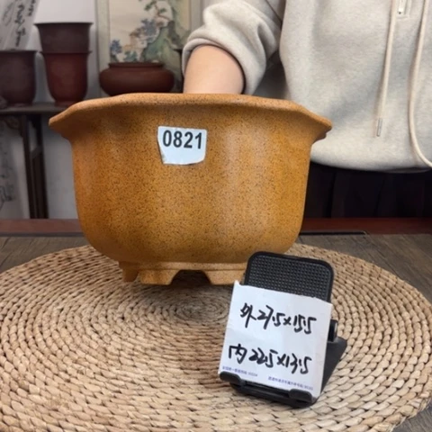 紫砂花盆柴烧奎口八方0821