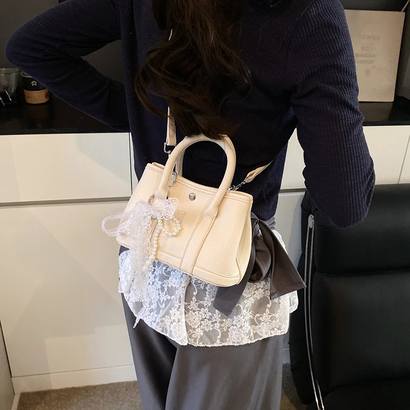 PARACVTOU/帕卡图纯色白手提包百搭洋气小包包托特包水桶包手拎包