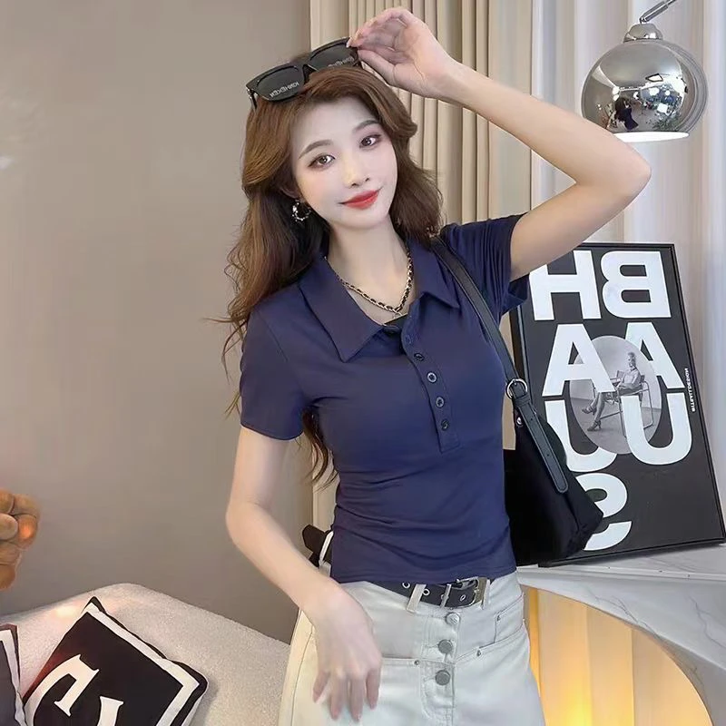 纯欲排扣polo领开叉短袖T恤女2025夏季新款爆款修身显瘦打底上衣