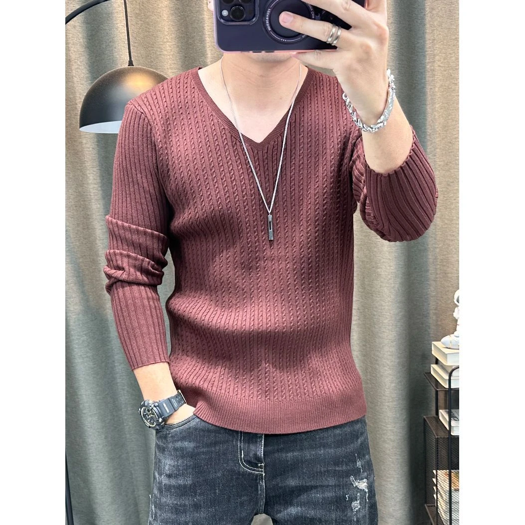 男士毛衣秋冬新款弹力纯色修身针织衫薄款长袖毛线衣上衣紧身打底