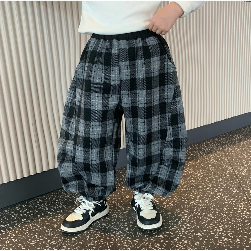 男童裤子2025新款秋冬季加绒长裤儿童休闲格子裤男宝宝韩版束脚裤