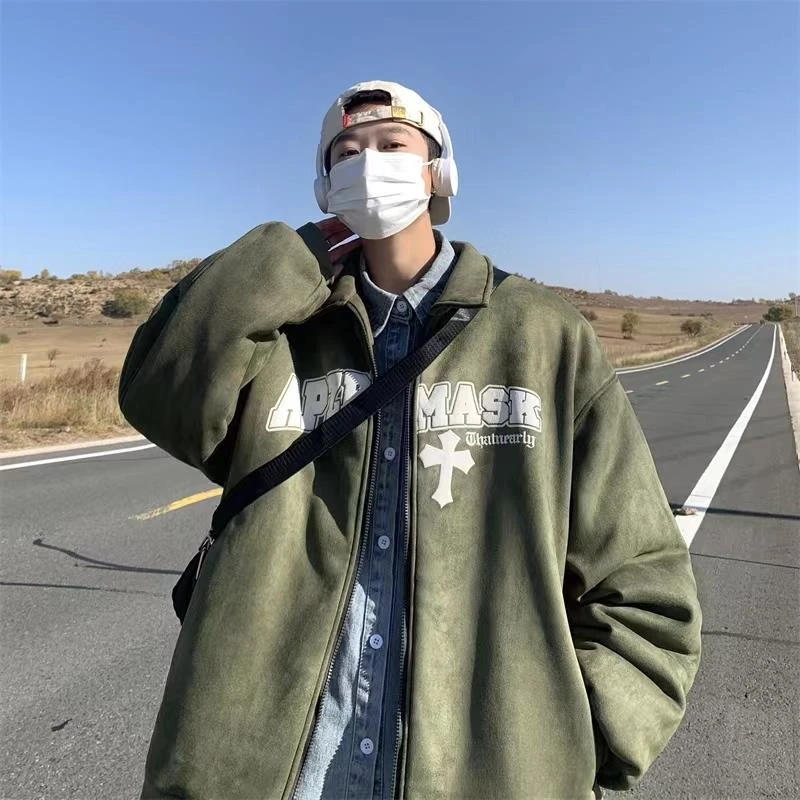 高级感男装冬季美式复古小众男衣男潮牌宽松帅气加厚鹿皮绒男服外