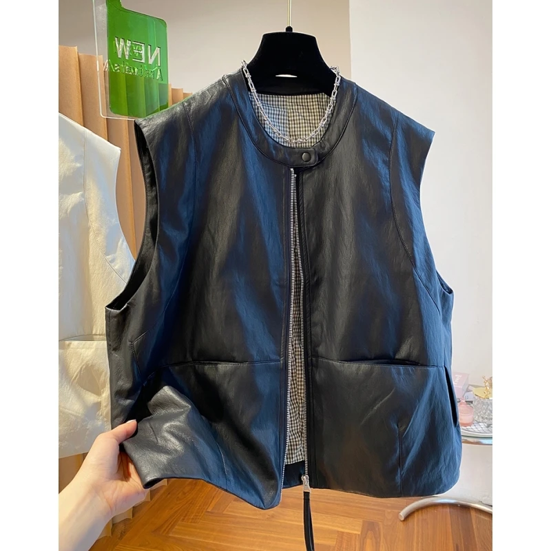 韩国高级感PU皮马甲女春秋2025新款宽松休闲坎肩马夹无袖外套上衣