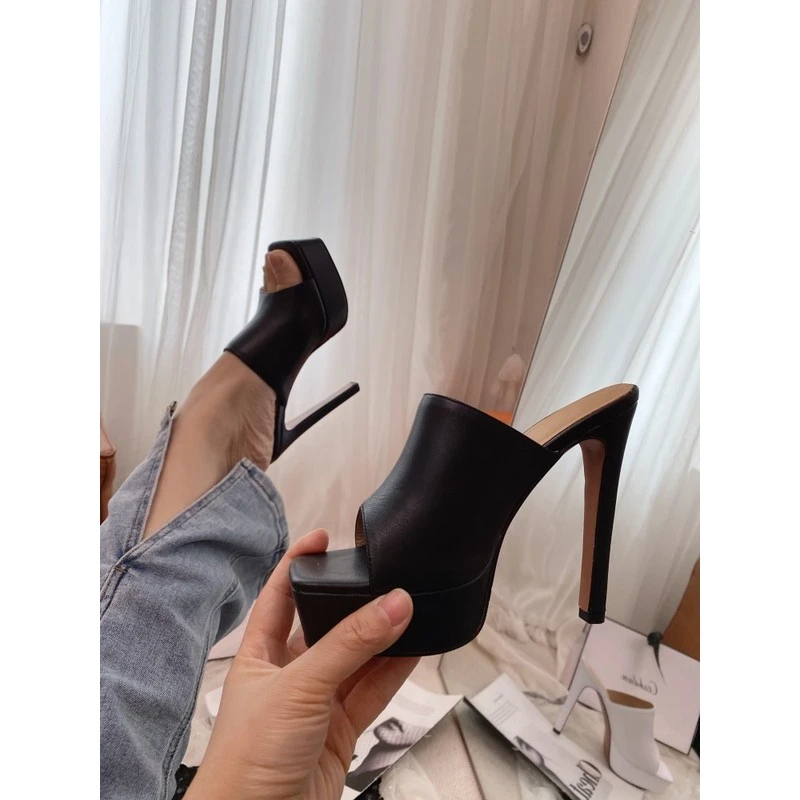 2025年新款细高跟防水台凉鞋女情侣黑色方头拖鞋百搭舒适女鞋13cm