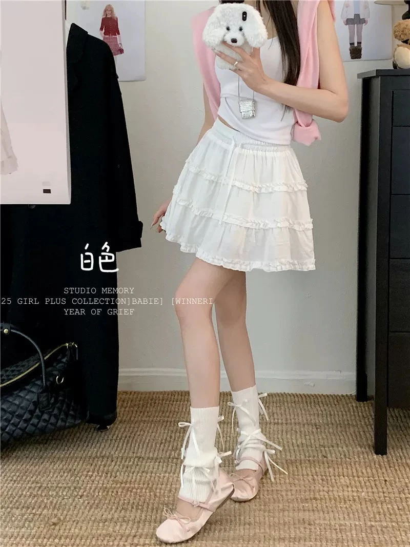 甜美木耳边蛋糕裙高腰显瘦蓬蓬半身裙防走光短款裙子