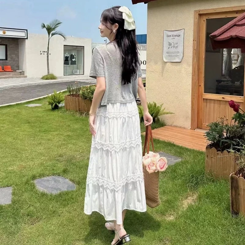 法式时尚套装百搭夏装短袖休闲白色半身裙长裙时尚收腰女装107