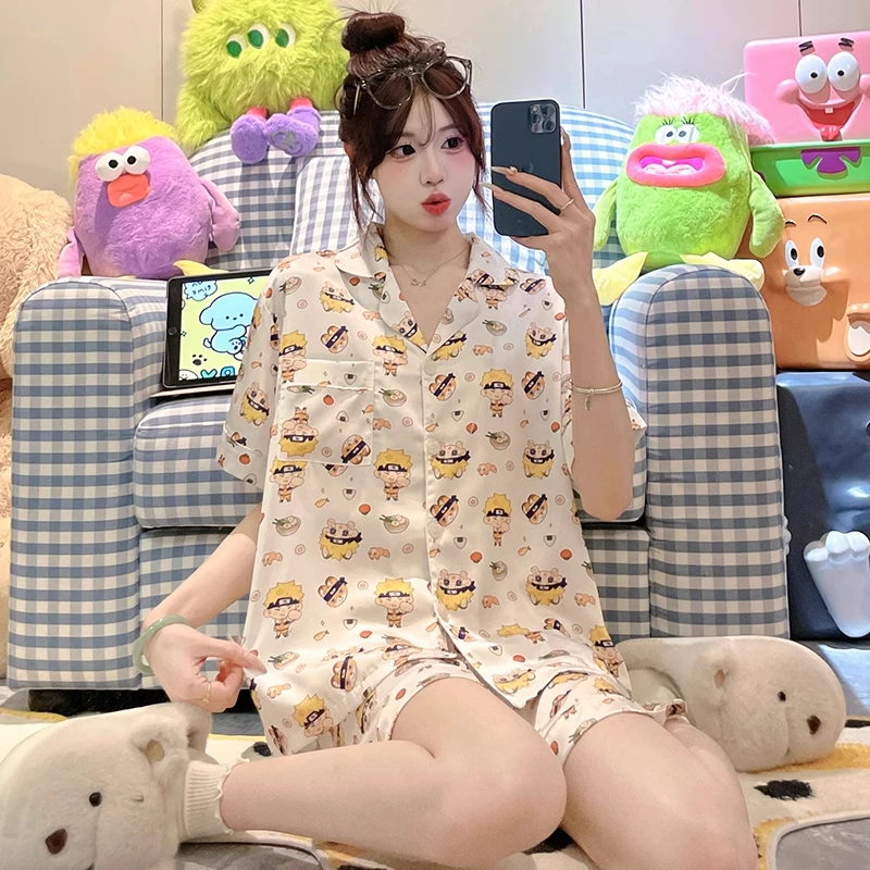 火影忍者漩涡鸣人夏季新款冰雪丝睡衣女短袖短裤可爱卡通家居服