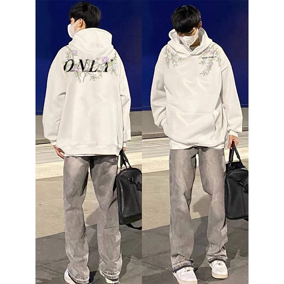 美式潮牌花卉字母印花宽松连帽卫衣男女秋冬季休闲百搭情侣上衣潮