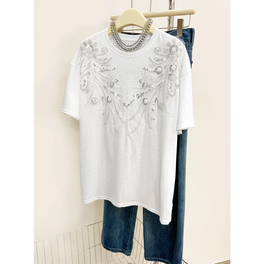 2025春季新款洋气百搭显瘦圆领时尚重工刺绣钉珠短袖T恤女上衣