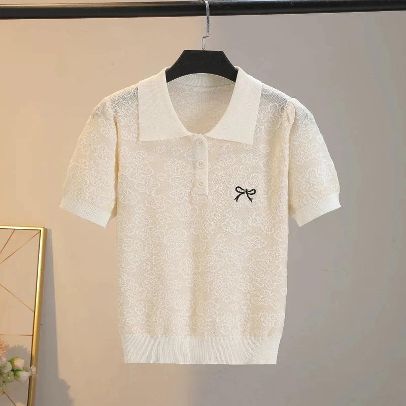 GML 6510夏季冰丝polo领减龄浮雕花纹针织衫