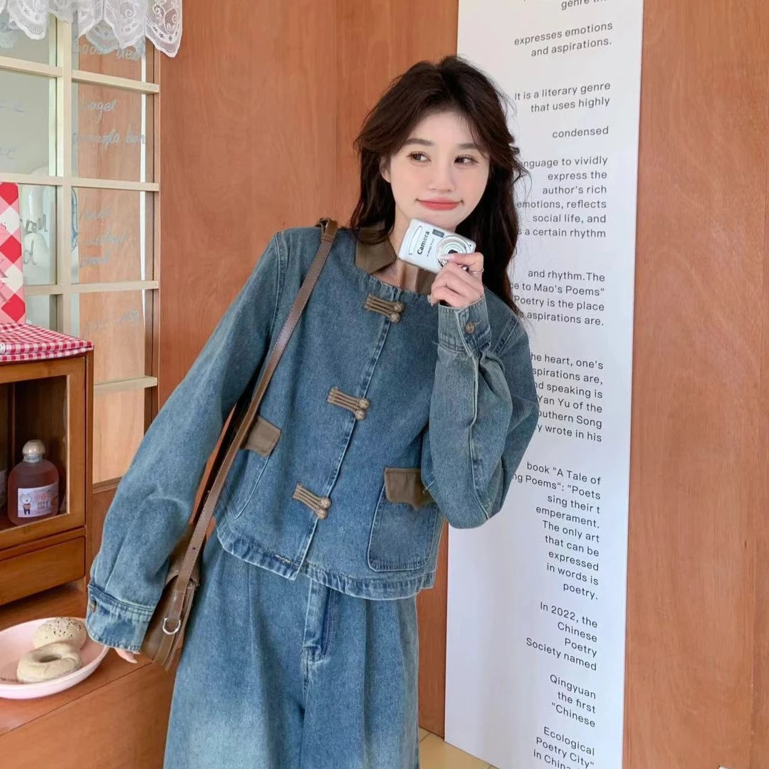 新中式盘扣撞色短牛仔外套女春国风复古显瘦牛仔阔腿裤套装潮