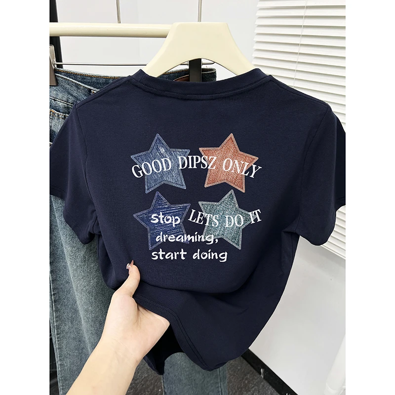 2025年新款正肩短袖t恤女装潮牌小众设计感时尚百搭藏蓝色上衣夏